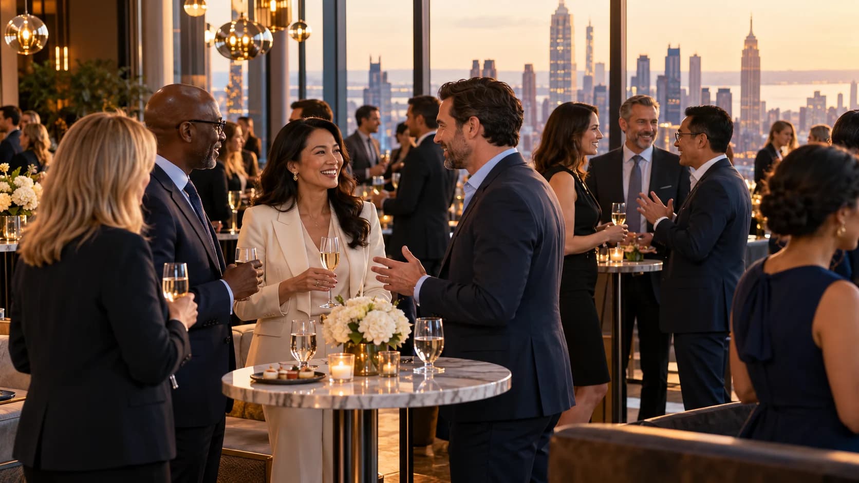 Illustrative business networking party with executives standing, mingling and exchanging ideas in a warm city reception lounge.