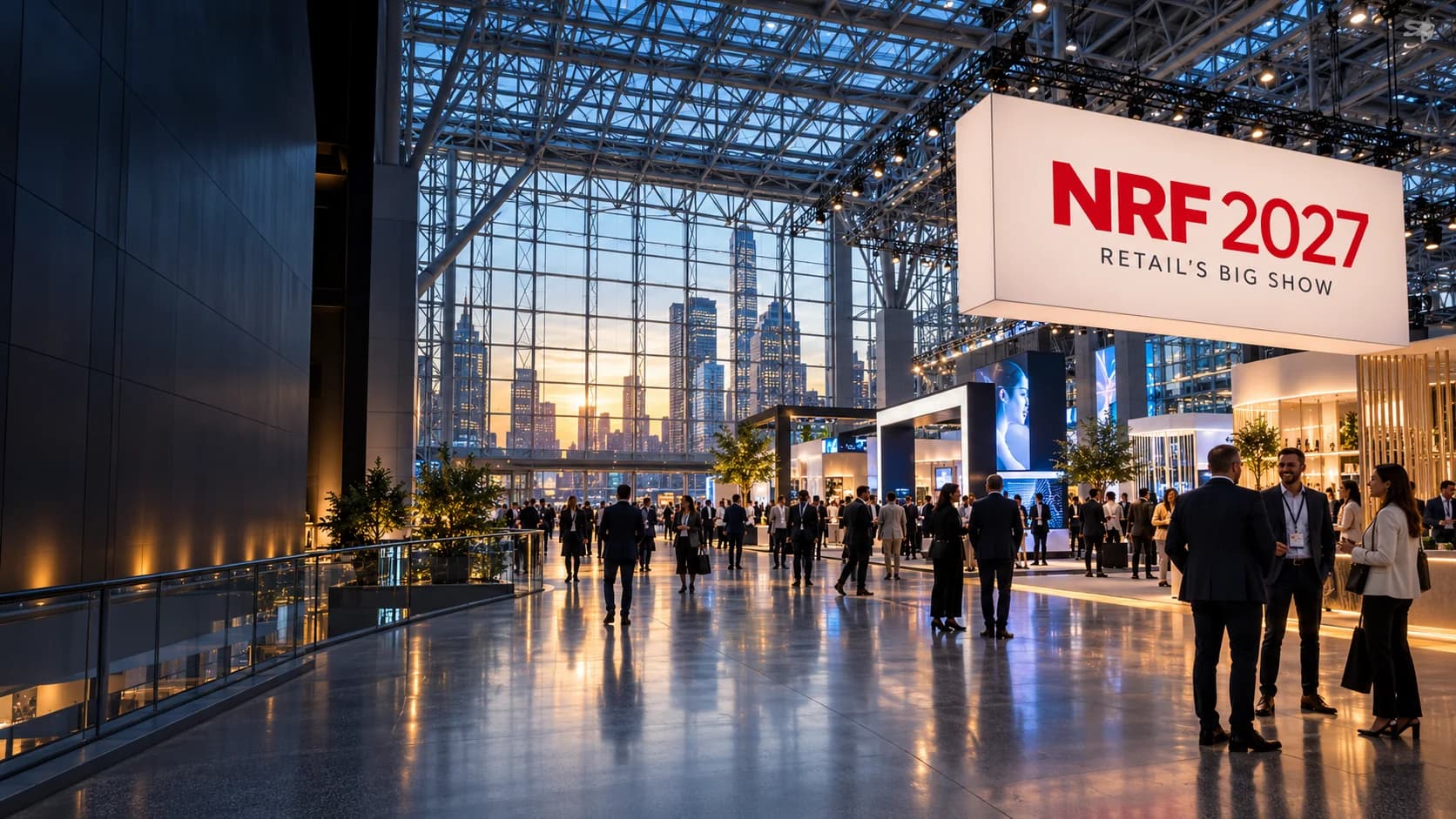 Illustrative glass-roofed exhibition hall with a prominent NRF 2027 sign and business visitors.